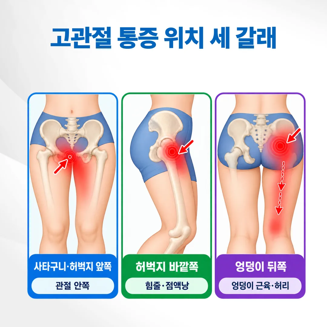 고관절 통증 위치를 사타구니, 허벅지 바깥쪽, 엉덩이 뒤쪽 세 갈래로 나눈 도식