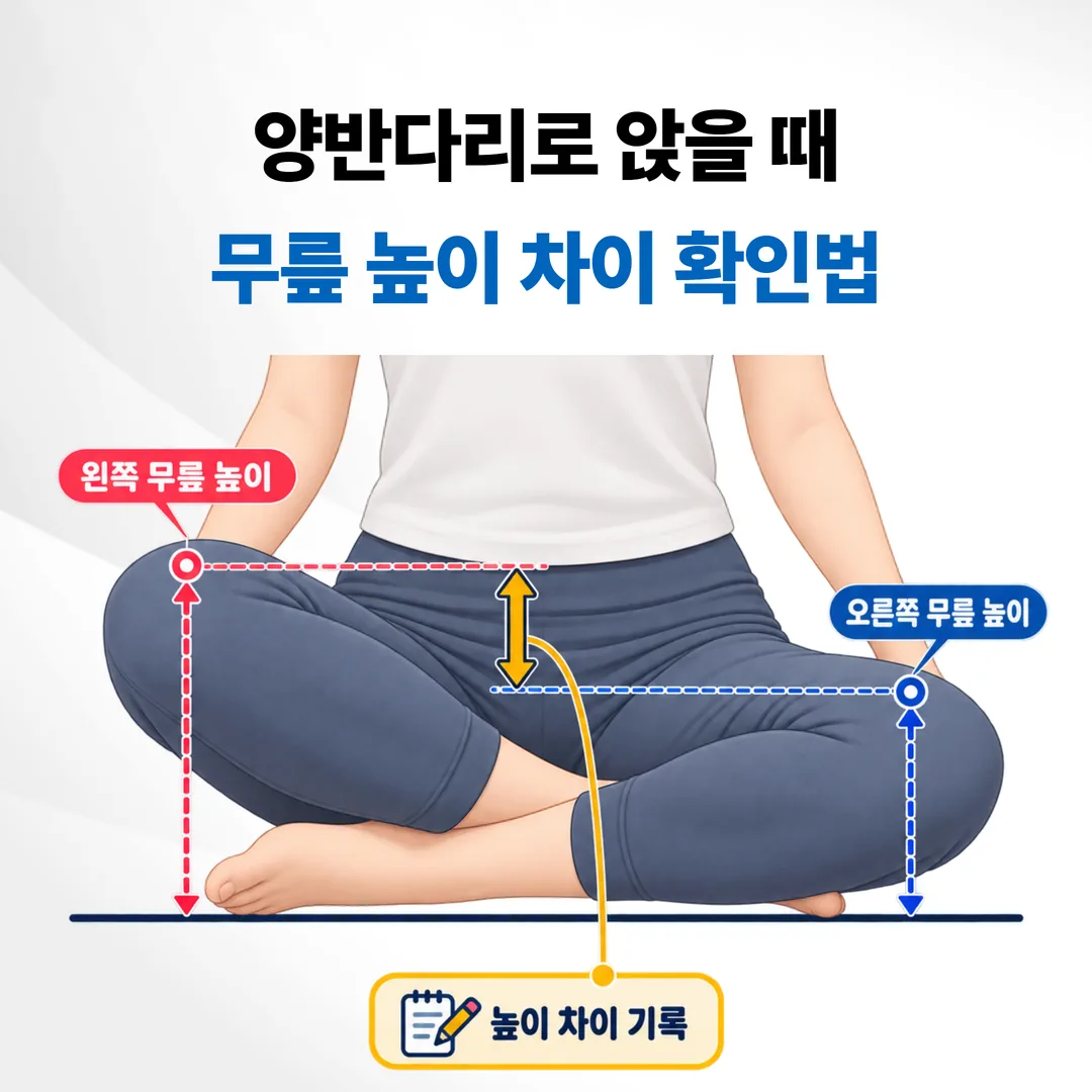 양반다리 자세에서 양쪽 무릎 높이 차이를 기록하는 자가 확인 방법