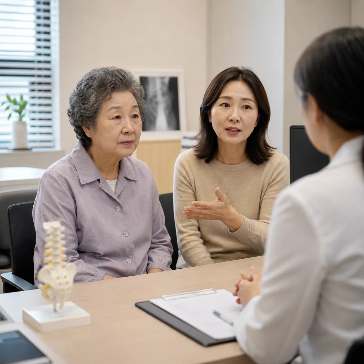 노인 교통사고 후 보호자가 동행해 진료 상담을 받는 모습
