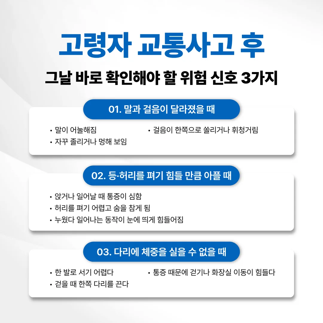 고령자 교통사고 후 즉시 진료가 필요한 신호 세 가지 정리 도표