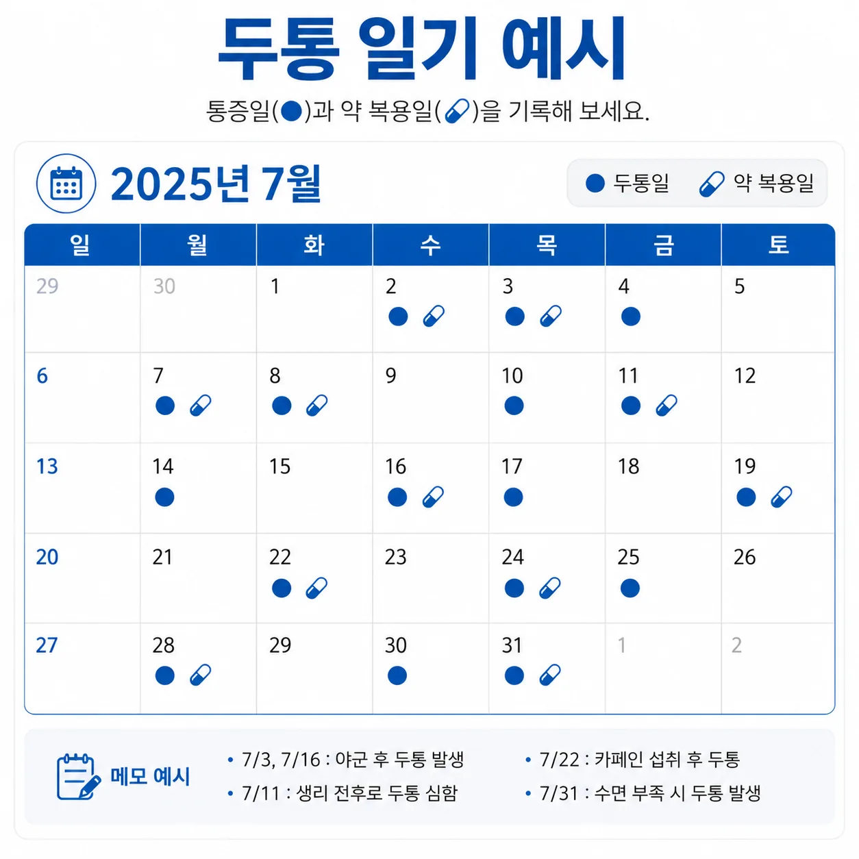 두통 일기 작성 예시 달력