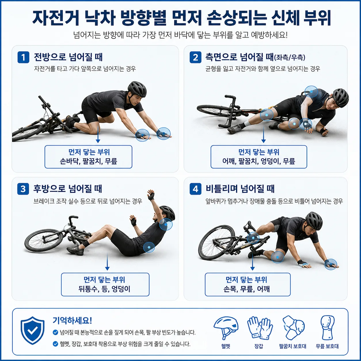 자전거 낙차 방향별로 먼저 손상되는 신체 부위 도해