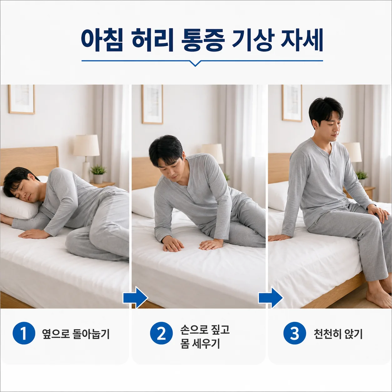 아침 허리 통증이 있을 때 옆으로 돌아누워 일어나는 기상 자세