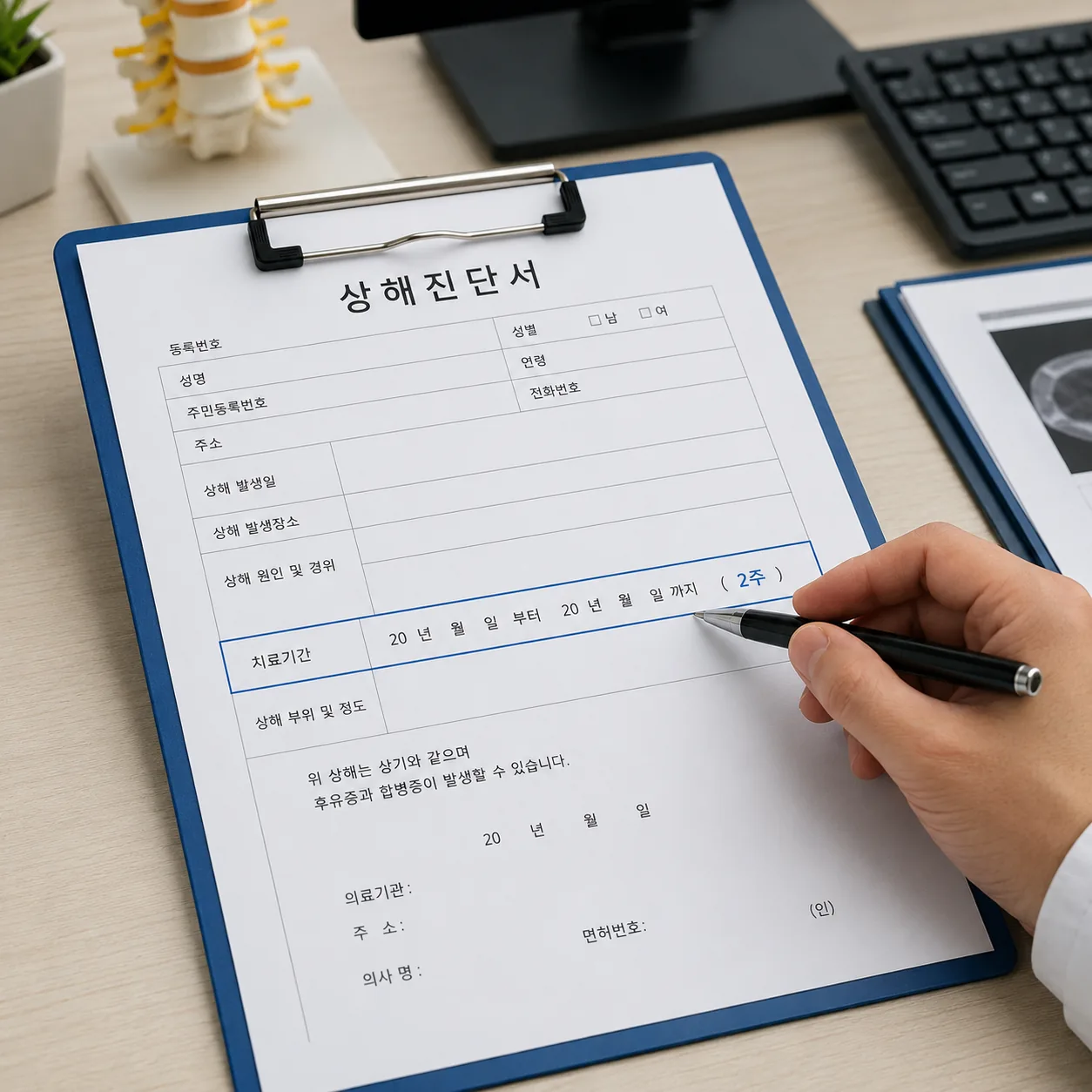 상해진단서의 치료기간 항목을 확인하는 모습
