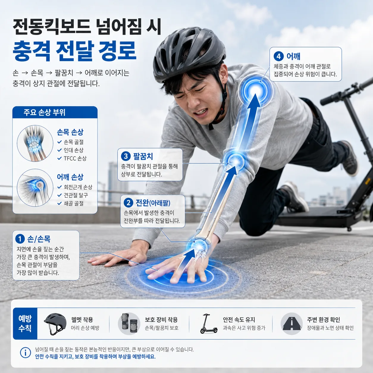 전동킥보드 낙상 시 손목에서 어깨로 충격이 전달되는 기전