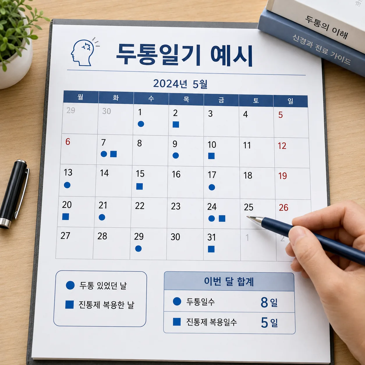 두통일기 달력에 두통일과 복약일을 표시한 예시