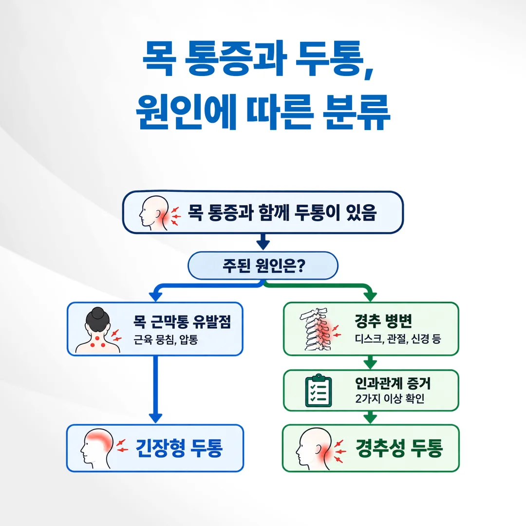 목 근막통과 경추 병변에 따라 두통 분류가 갈리는 흐름도