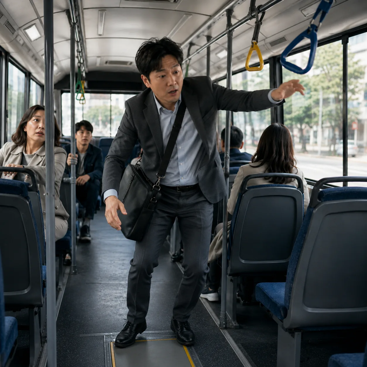 버스 급정거로 서 있던 승객이 앞으로 쏠리는 모습