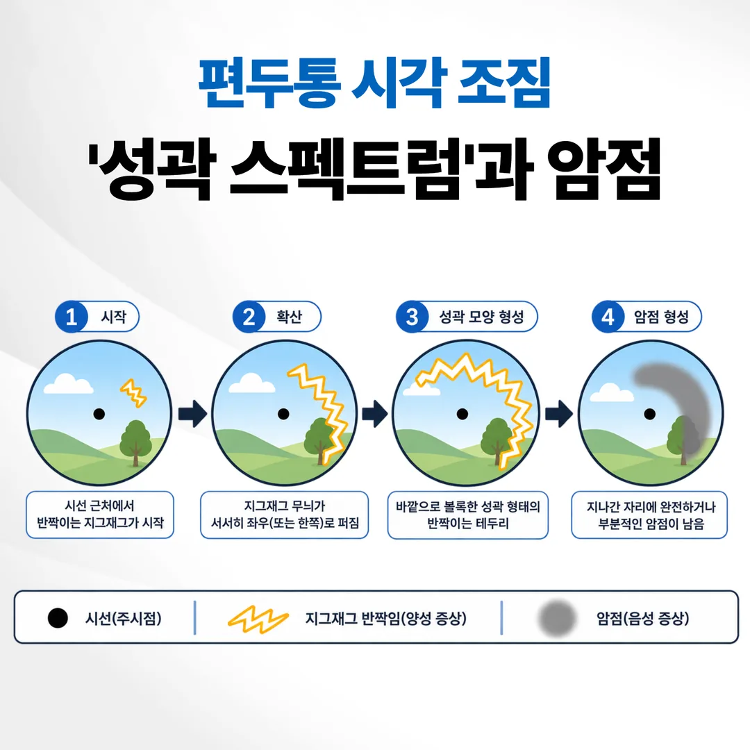 편두통 시각 조짐 성곽 스펙트럼과 암점 모양