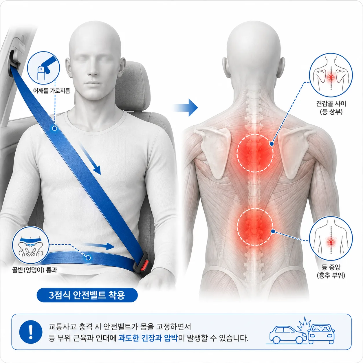 교통사고 등 통증이 생기는 안전벨트 사선 경로와 흉추·날개뼈 사이 부위