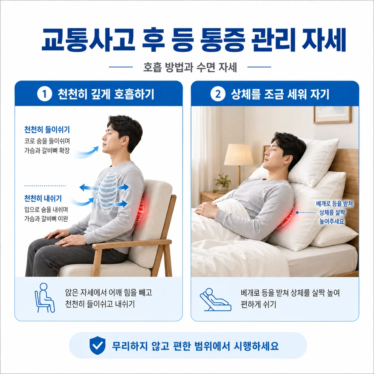 교통사고 등 통증 회복을 돕는 호흡 방법과 수면 자세