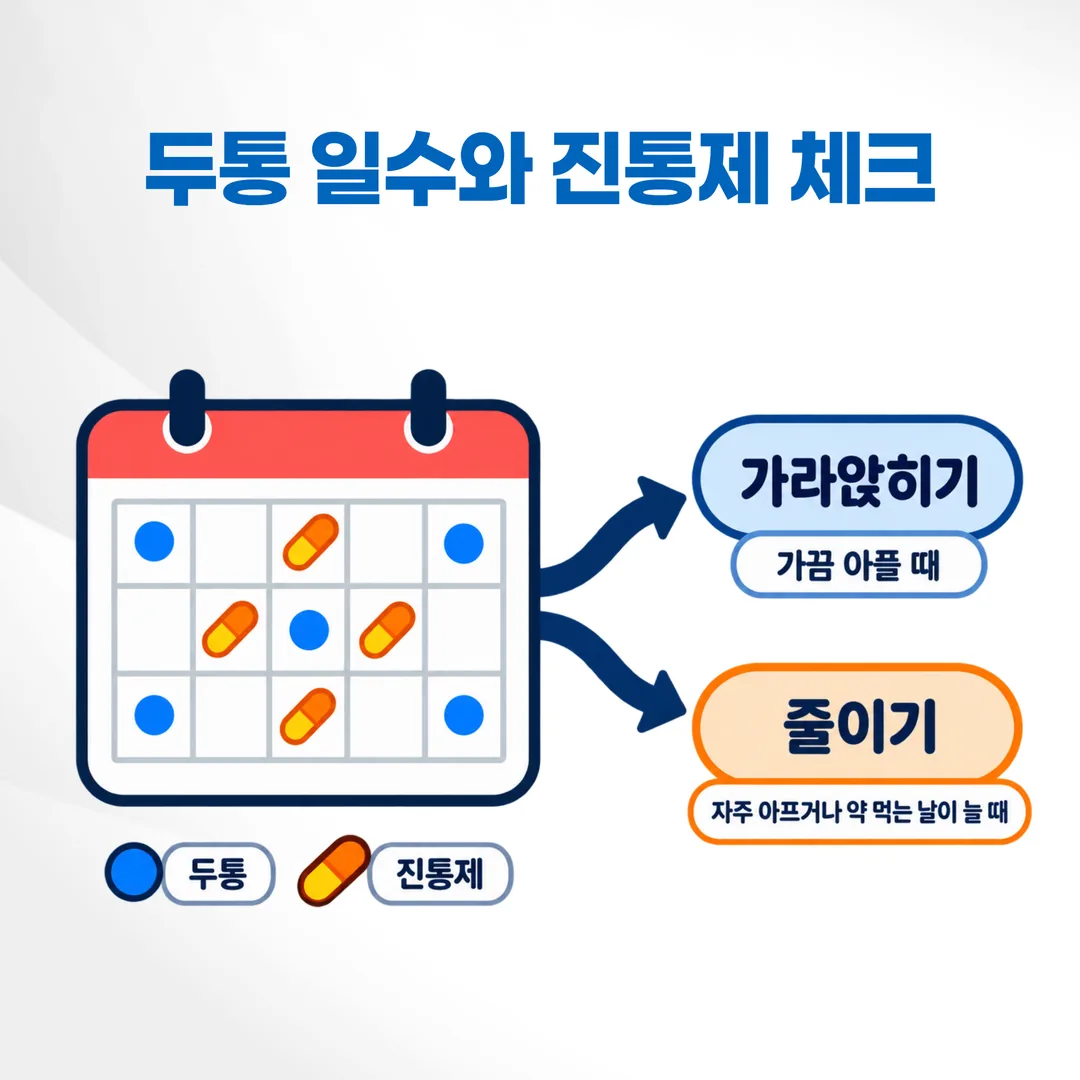 두통이 있었던 날과 진통제를 먹은 날의 개수가 치료 계획 두 갈래로 갈리는 개념도