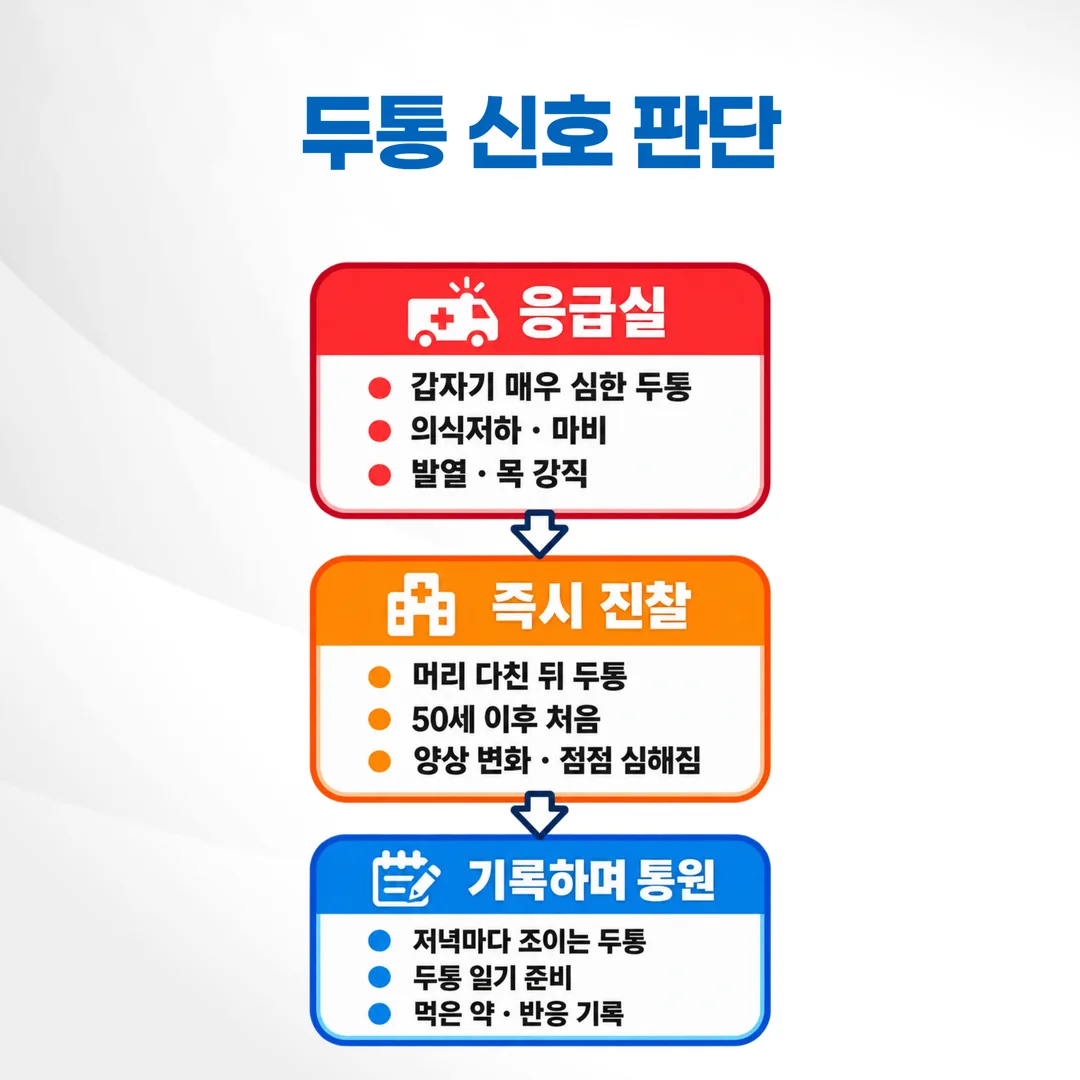 두통 신호를 응급실·즉시 진찰·기록하며 치료 세 층으로 나눈 판단 도식