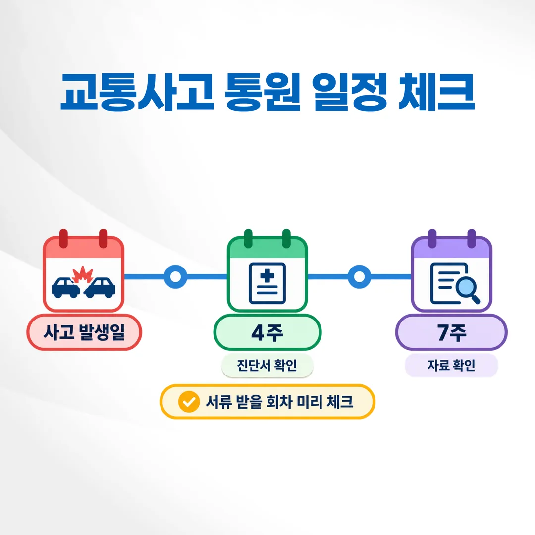 사고 발생일과 4주·7주 지점을 표시한 교통사고 통원 달력 일정 도식