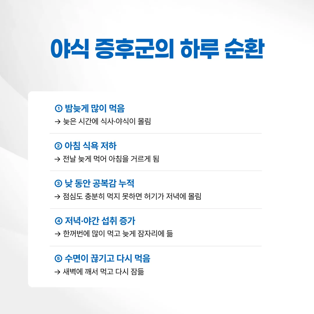 야식증후군의 하루 순환 고리를 화살표로 이은 도식
