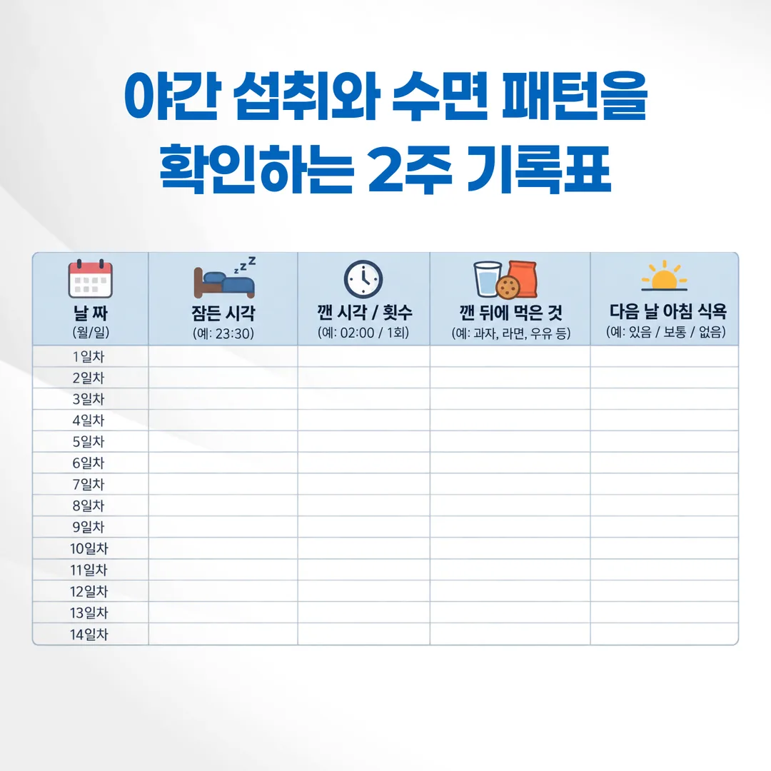 잠든 시각과 야간 섭취를 함께 적는 2주 기록지 양식