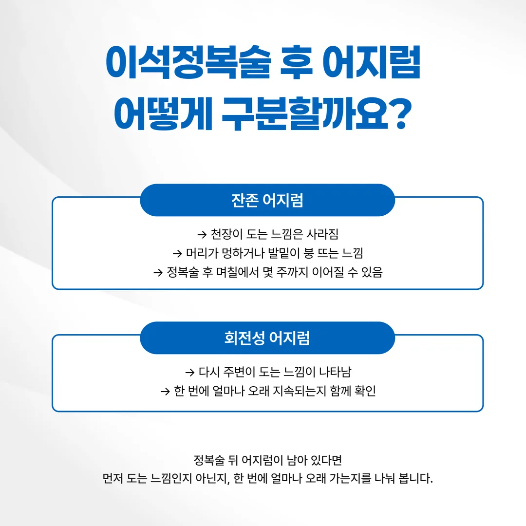 이석증 정복술 후 잔존 어지럼과 회전성 어지럼의 차이를 정리한 개념도