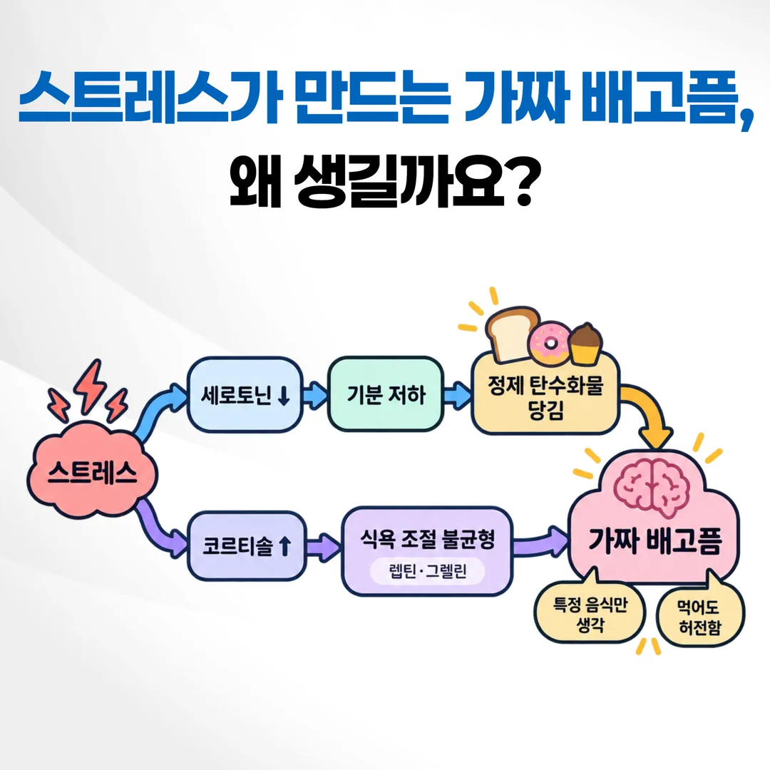 스트레스 호르몬 변화가 식욕 신호로 이어지는 경로 도식