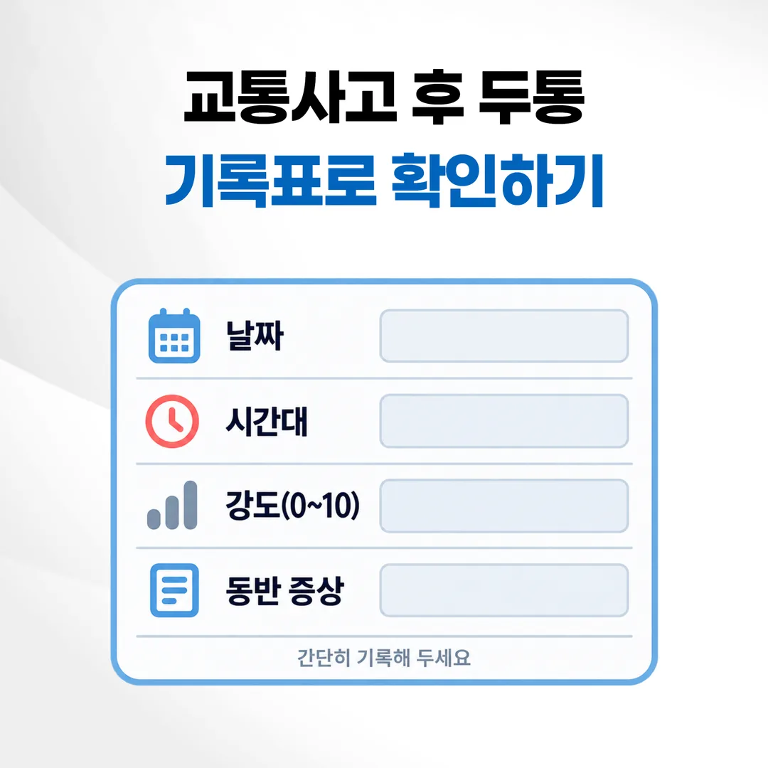 날짜, 시간대, 두통 강도, 동반 증상을 칸으로 나눠 적는 두통 일지 기록 예시