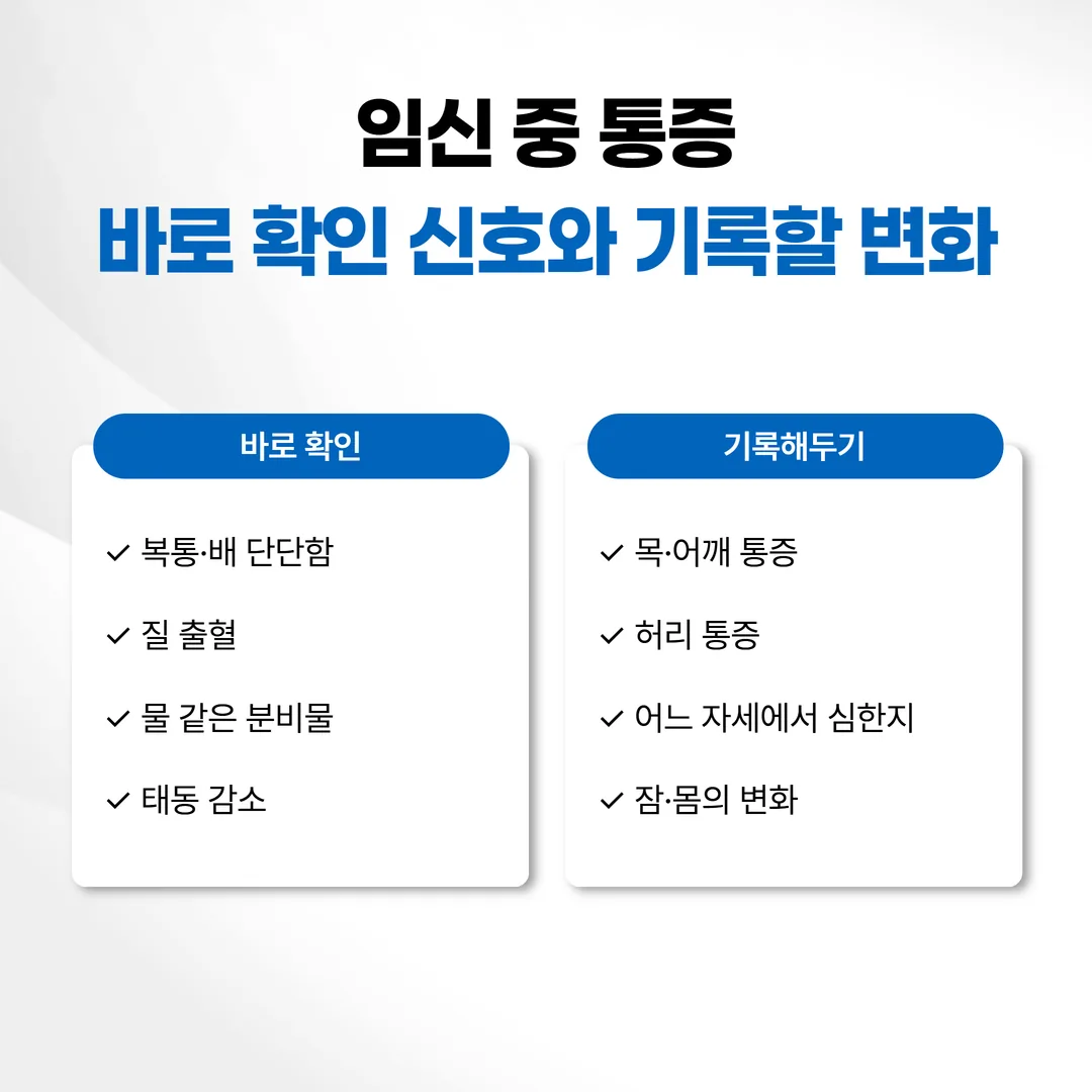 임산부 교통사고 후 즉시 확인할 신호와 기록할 변화 구분 도식